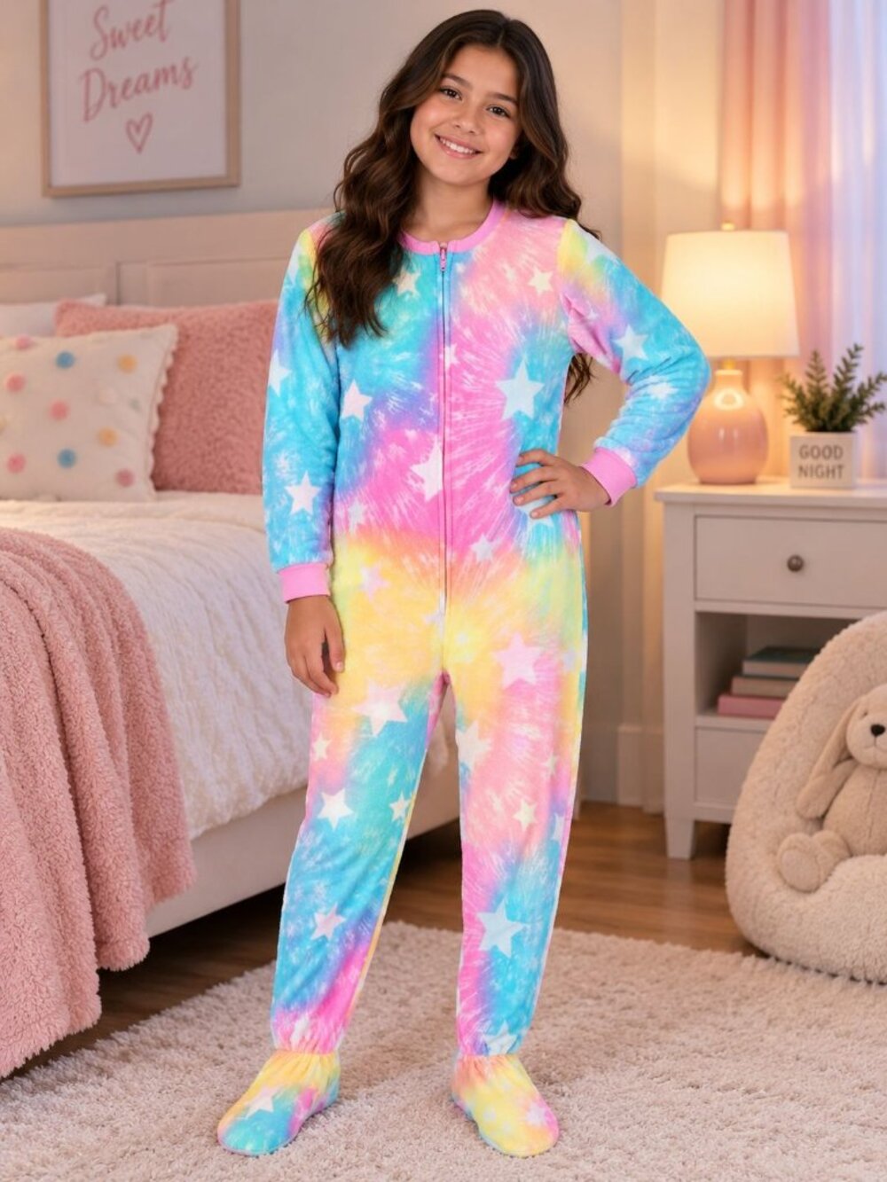 Komar Kids Girls Rainbow Stars Fleece Footed One Piece Pajamas Size 14-16 XL
